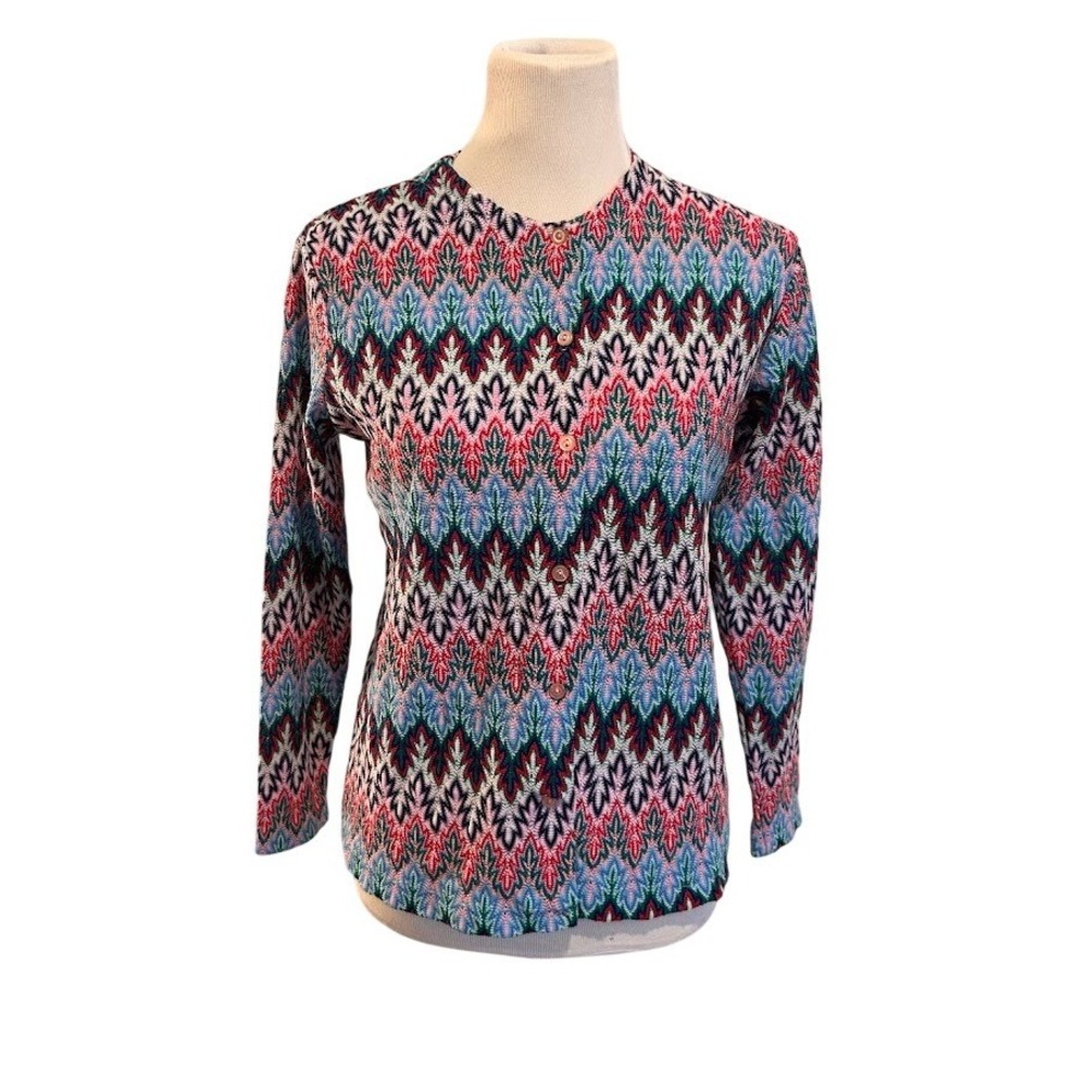 Miss Holly Vtg 70's Chevron‎ Zigzag Knit Cardigan Sweater Multi Color Womens M